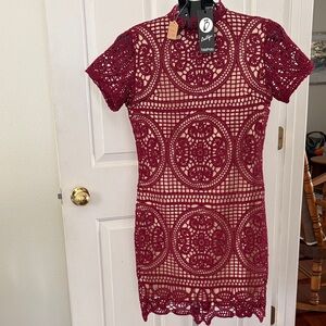 Boohoo Burgundy Crochet Mini Dress